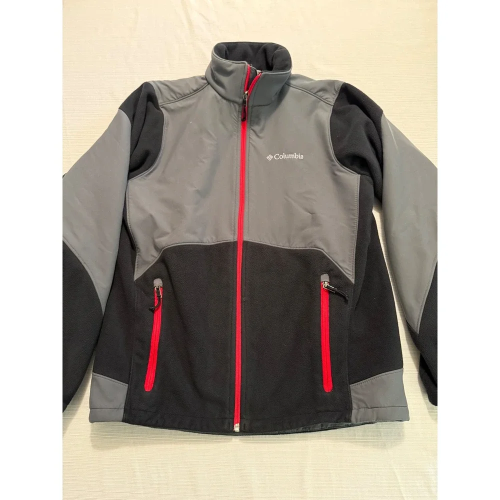 Columbia Mens Fleece Softshell Jacket Grey Black Red Full Zip Medium